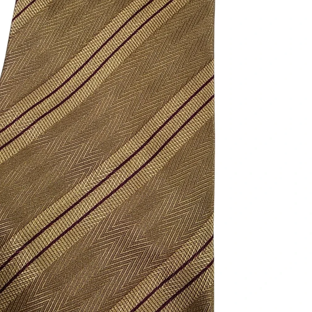 PRAGO Silk Striped Necktie Gold Burgundy Classic Formal Business Luxury Designer